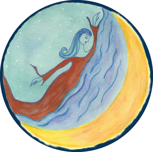 DreamSwim emblem — a dreamer in red swimming across a crescent moon inside a circle of night sky